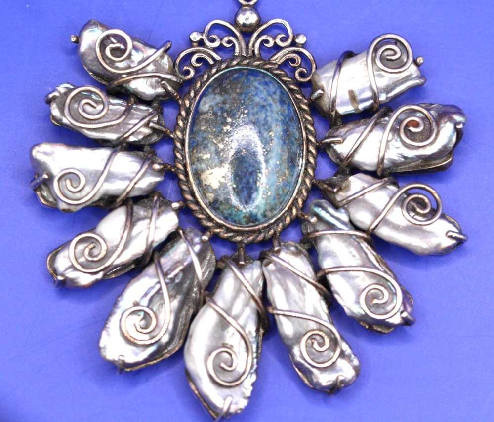 Collins Fine Jewelry CFJ Thailand Abalone and Lapis Artisan Pendant